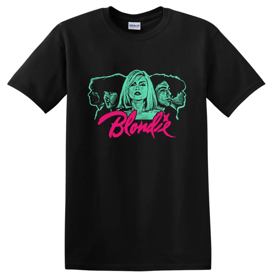 Blondie aqua portrait graphic with hot pink script lettering on a Black T Shirt