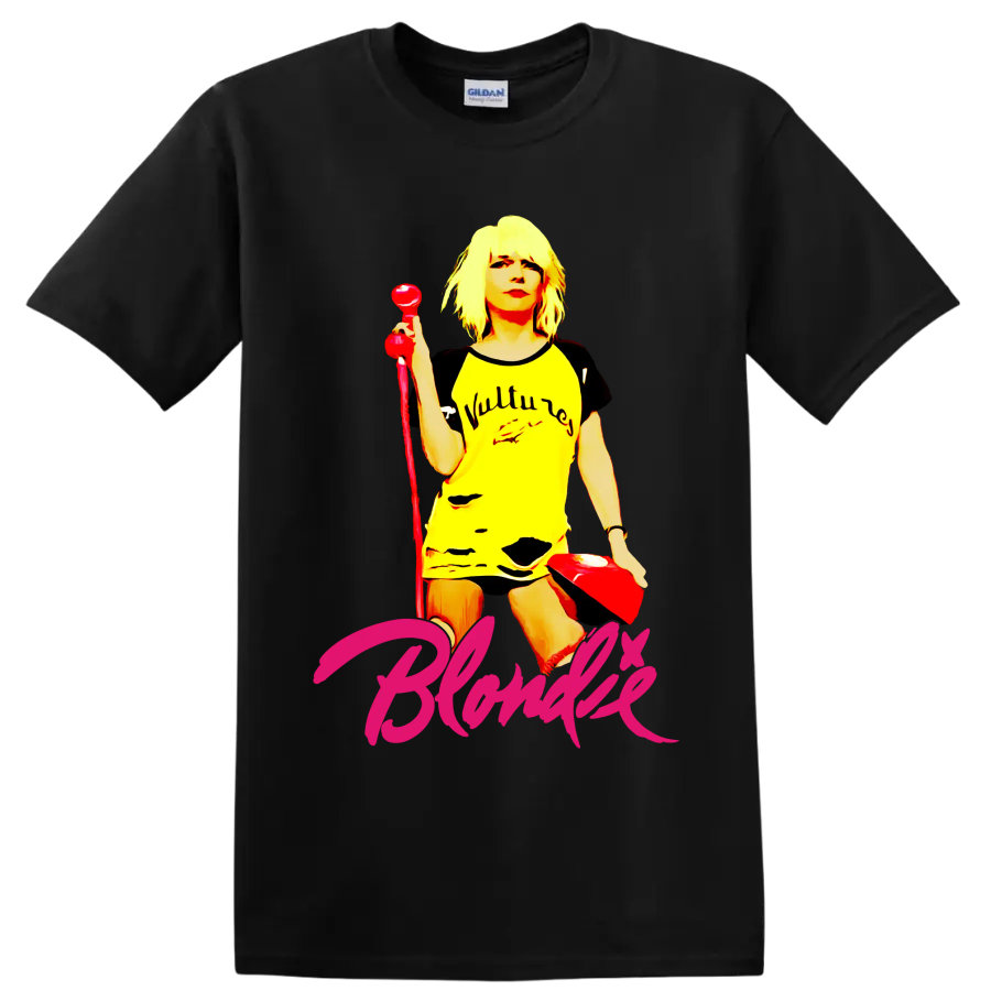 Blondie punk rock vocalist graphic with red microphone and pink script lettering on a Black T Shirt