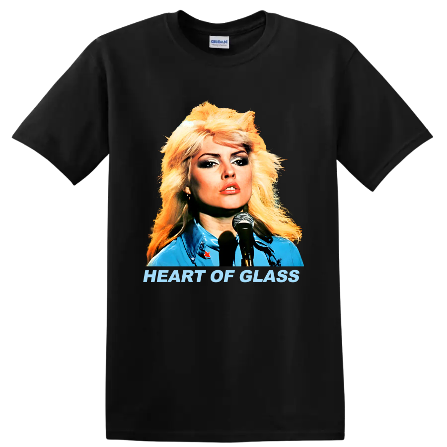 Blondie singer portrait with Heart of Glass text, retro punk rock graphic on a Black T Shirt