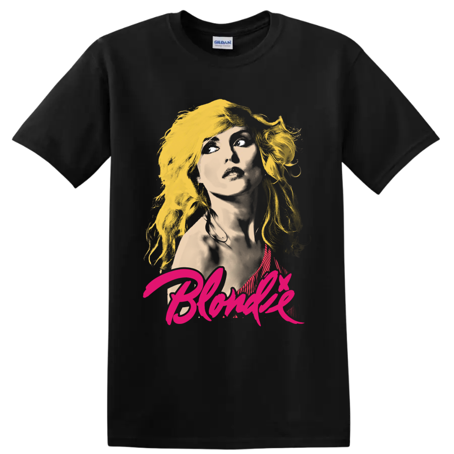 Stylized Debbie Harry portrait from Blondie with bold punk rock graphic lettering on a Black T Shirt