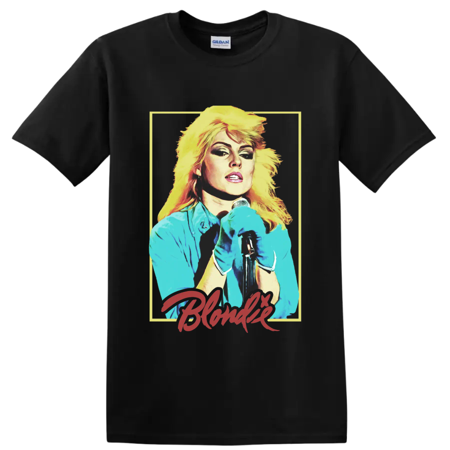 Debbie Harry of Blondie punk rock singer portrait with microphone on a Black T Shirt