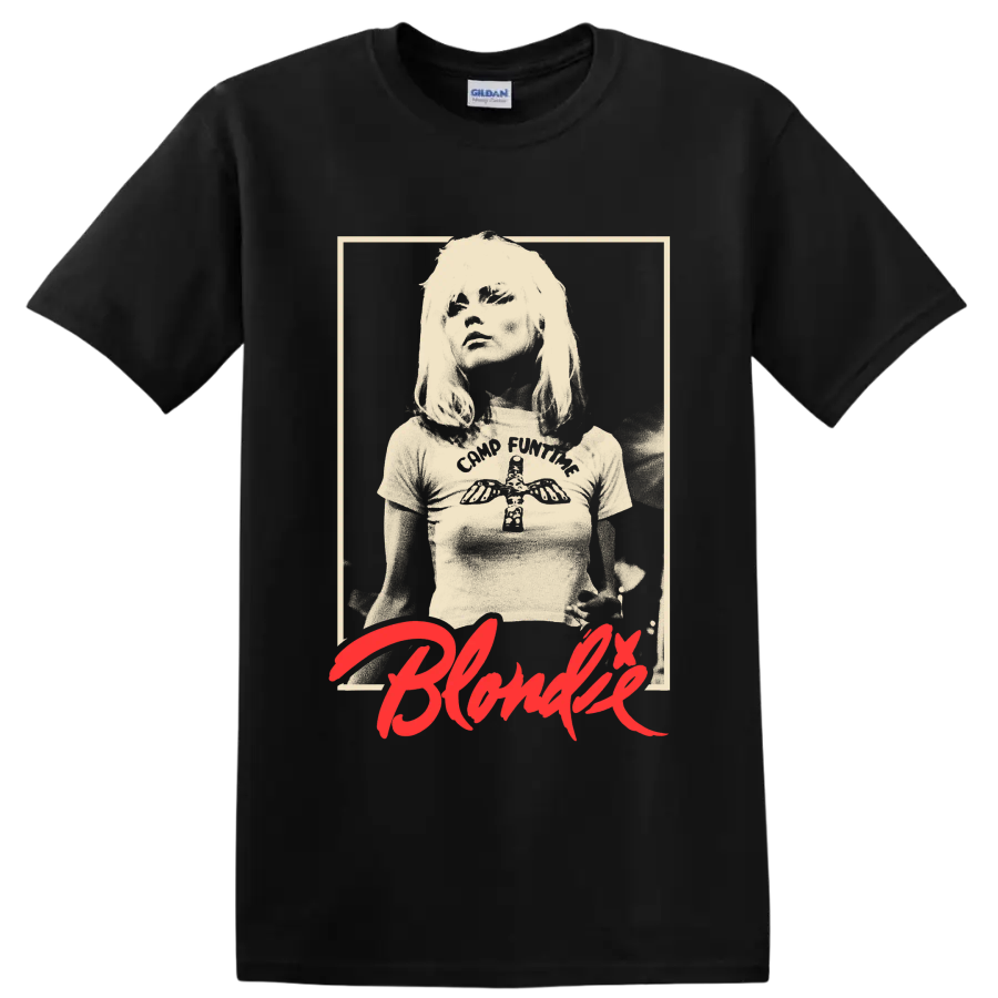 Blondie vintage punk rock portrait with red script graphic print on a Black T Shirt