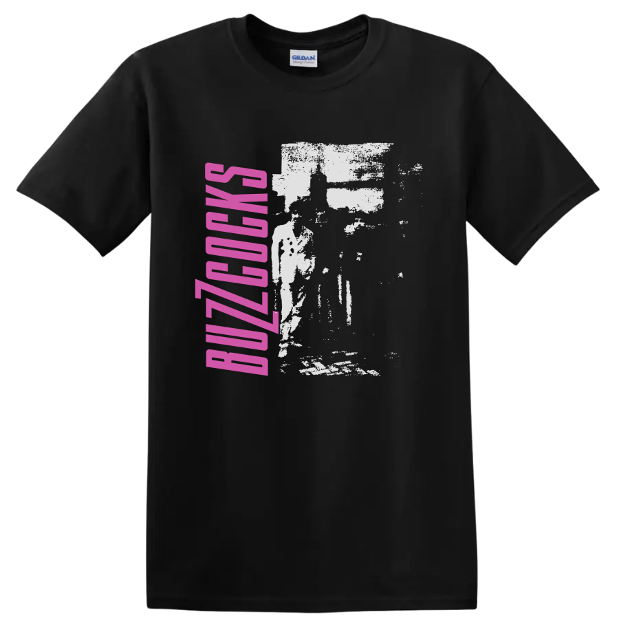 Buzzcocks punk rock band graphic with pink vertical lettering and distressed image on a Black T Shirt