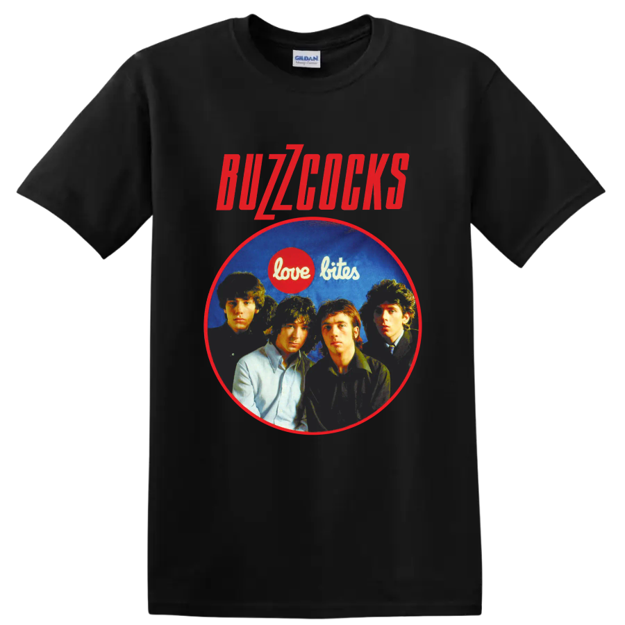 Buzzcocks punk rock band portrait with Love Bites graphic on a Black T Shirt