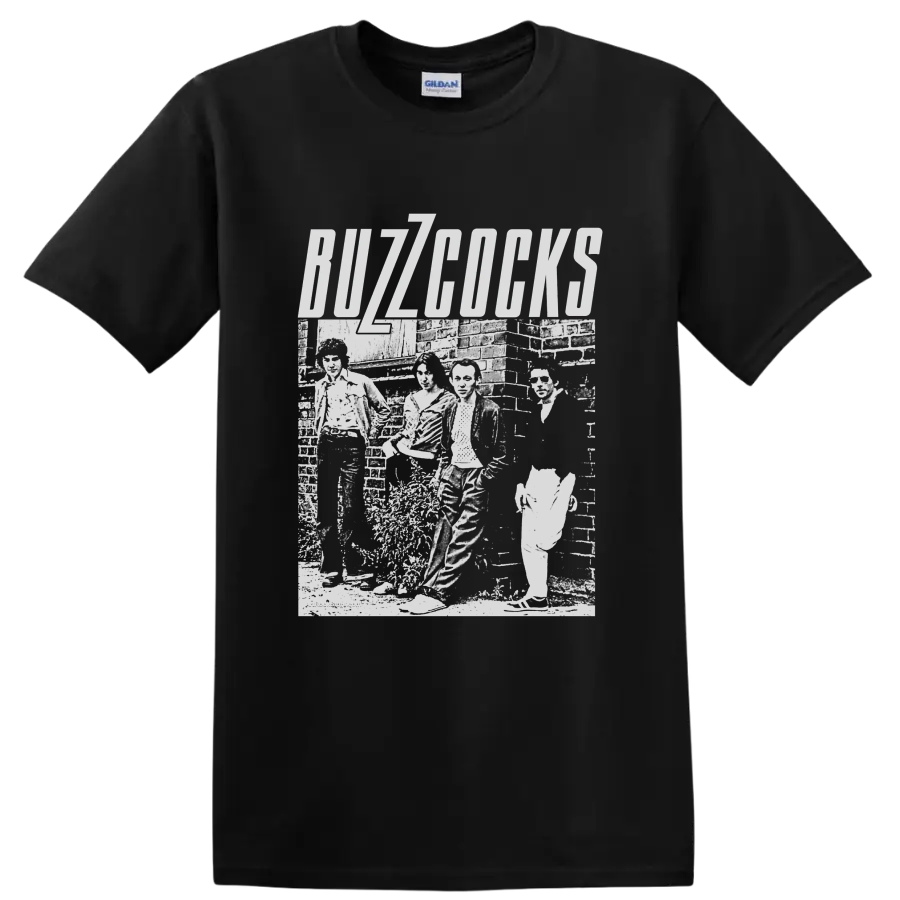 Buzzcocks punk rock band distressed monochrome collage with bold lettering on a Black T Shirt