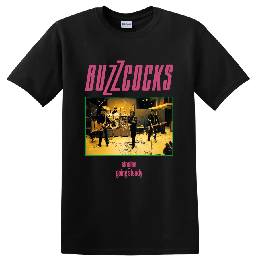 Buzzcocks punk rock band studio photo graphic with pink lettering on a Black T Shirt