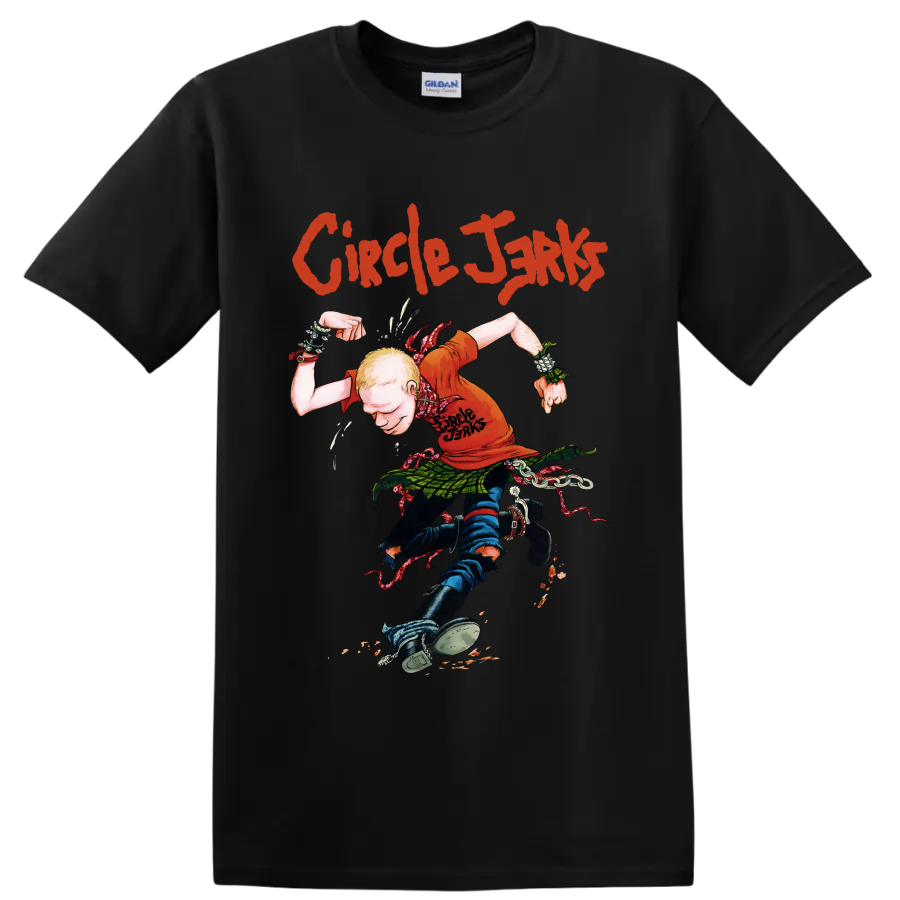 Circle Jerks punk rock graphic with illustrated figure and distressed lettering on a Black T Shirt