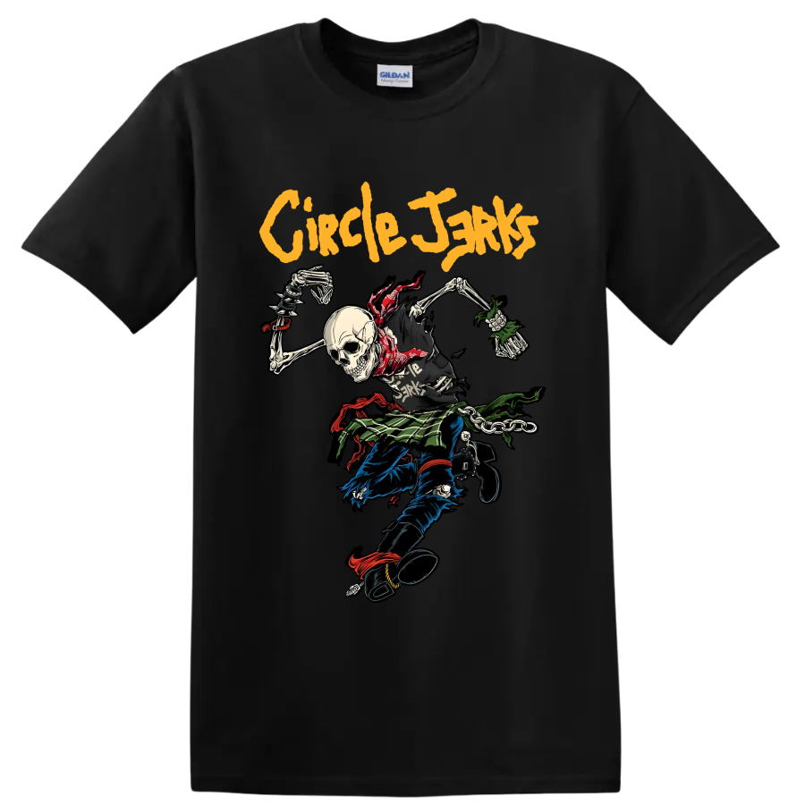 Circle Jerks punk rock skeleton graphic with bold yellow lettering on a Black T Shirt