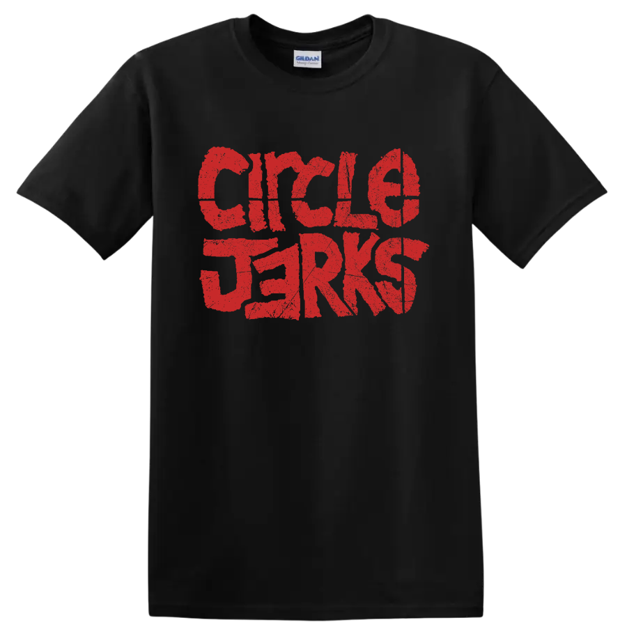 Distressed red Circle Jerks punk rock band lettering graphic on a Black T Shirt