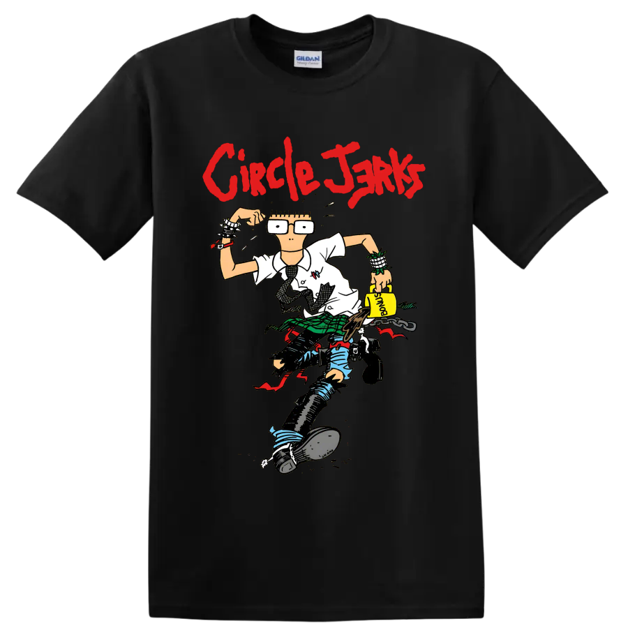 Circle Jerks red lettering with cartoon punk character graphic on a Black T Shirt