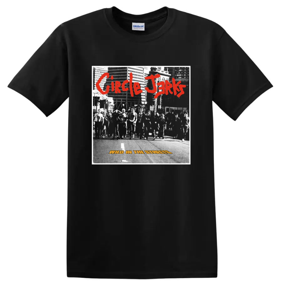 Circle Jerks distressed punk rock band graphic with red lettering on a Black T Shirt