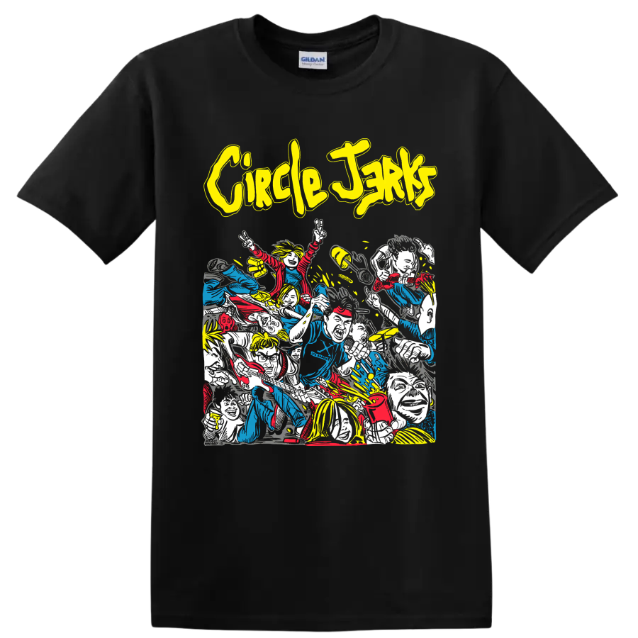 Circle Jerks punk rock band crowd artwork with bold yellow lettering on a Black T Shirt