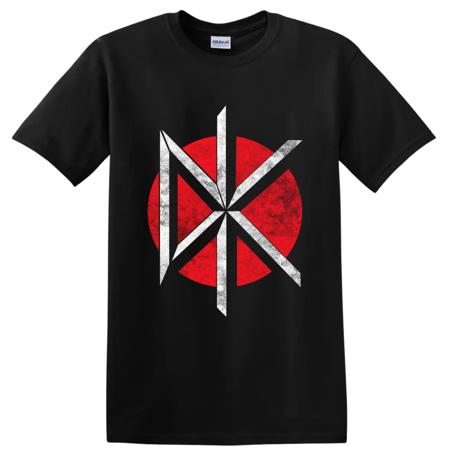Dead Kennedys red and white geometric punk rock band logo on a Black T Shirt