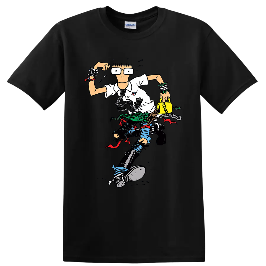 Descendents punk rock character illustration with oversized glasses and plaid details on a Black T Shirt