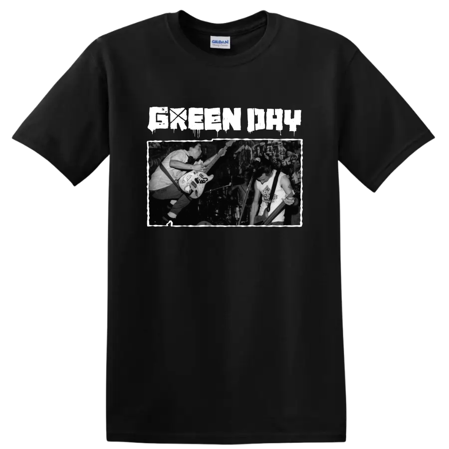 Green Day punk rock live performance graphic with guitarists on stage on a Black T Shirt