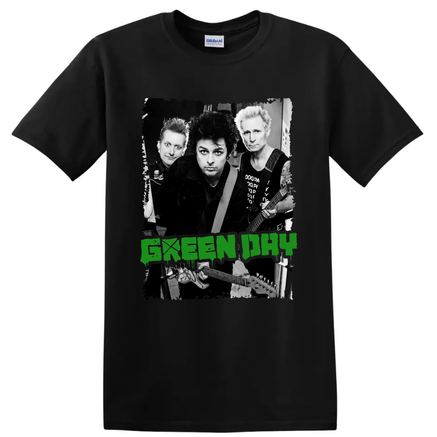 Green Day punk rock band portrait with guitars and distressed green lettering on a Black T Shirt