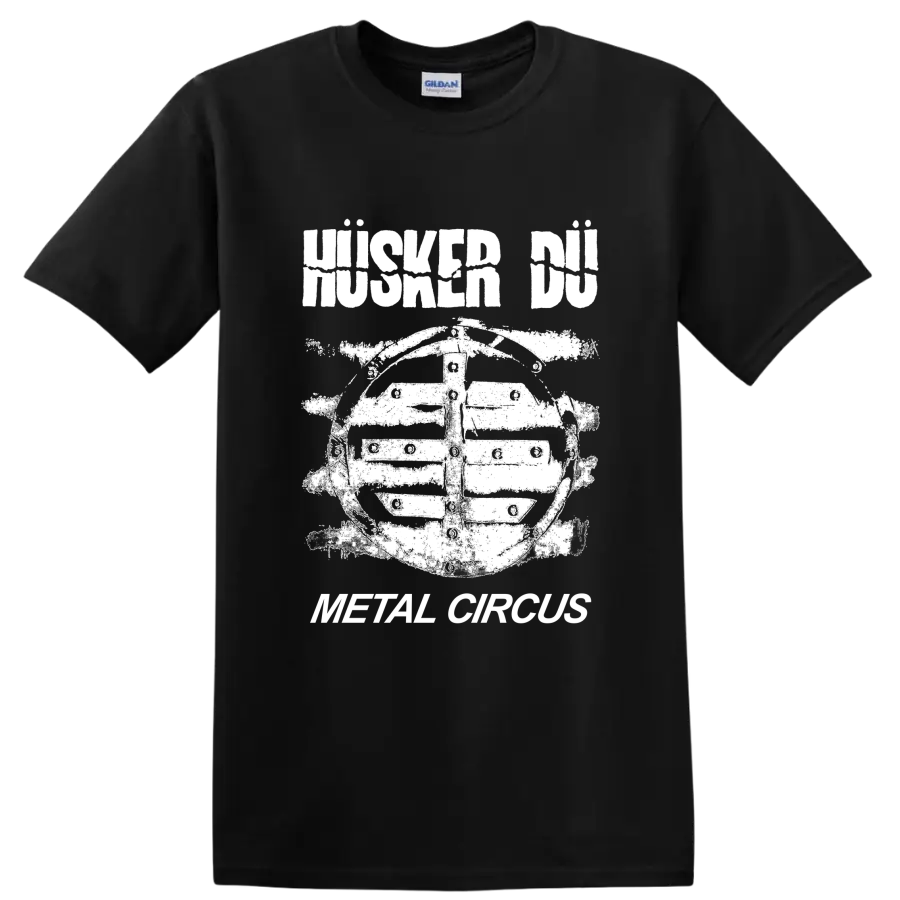 Husker Du punk rock graphic with bold band lettering and illustrated figure on a Black T Shirt