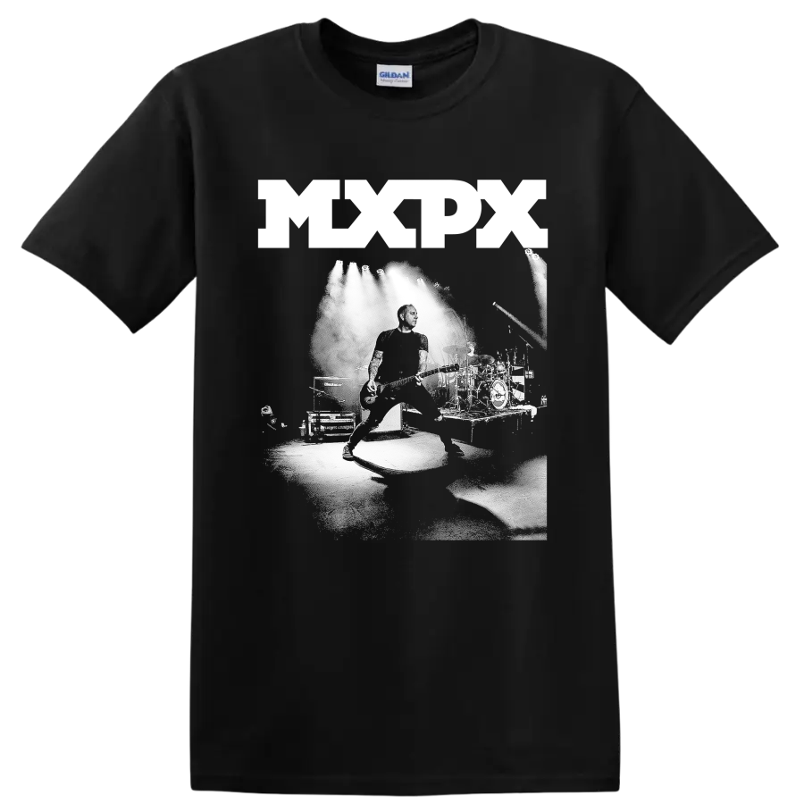 MxPx punk rock graphic print with bold lettering and monochrome illustration on a Black T Shirt