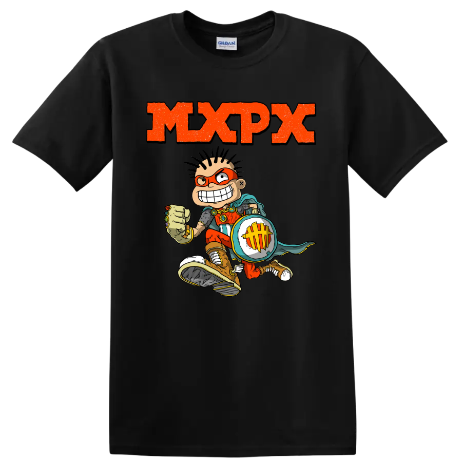 MxPx punk rock graphic with comic skateboarder and distressed orange lettering on a Black T Shirt