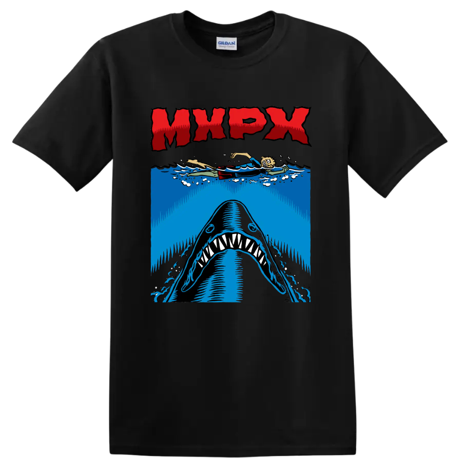 MxPx punk rock shark graphic with swimmer and ocean waves on a Black T Shirt