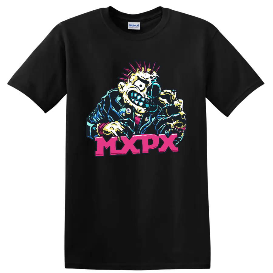 MxPx punk rock mohawked skeleton graphic with bold pink lettering on a Black T Shirt
