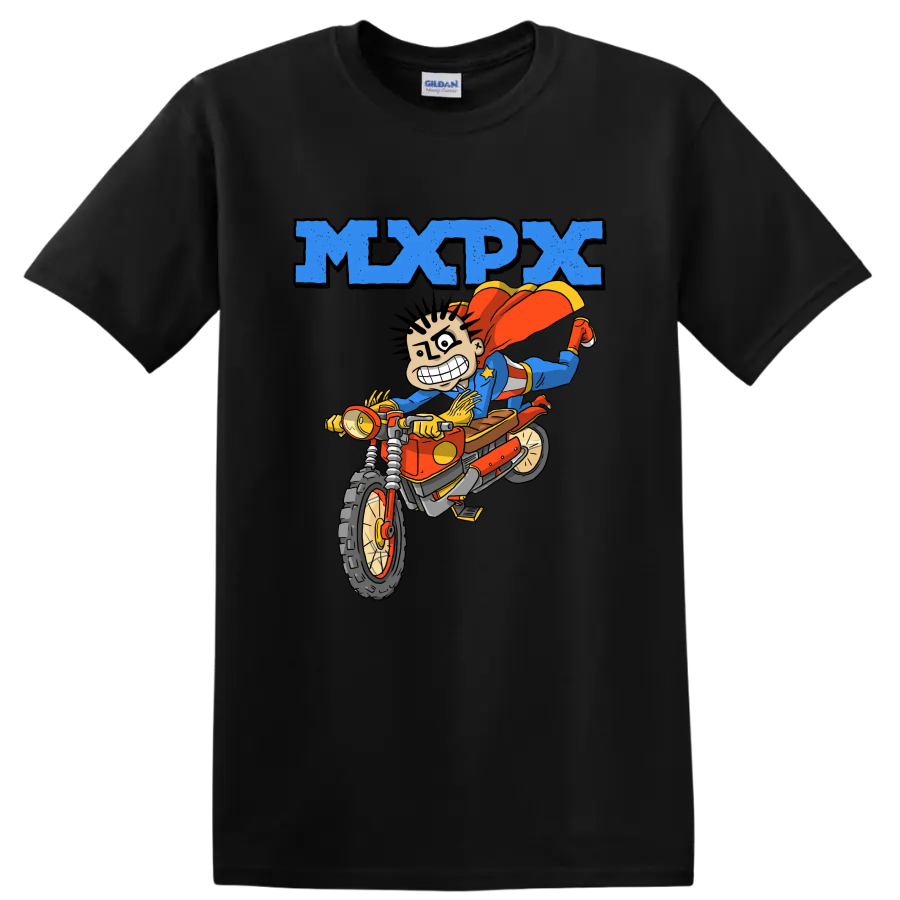 MxPx punk rock cartoon rider on dirt bike graphic on a Black T Shirt