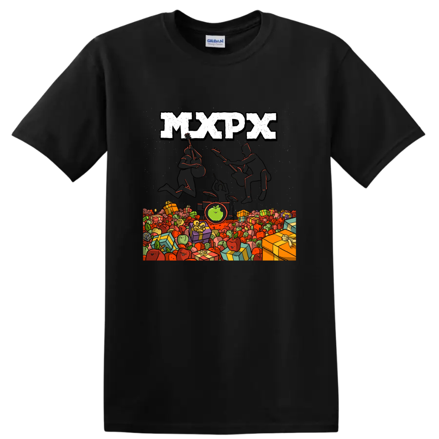 MxPx punk rock graphic with musicians, apples, and wrapped gifts on a Black T Shirt