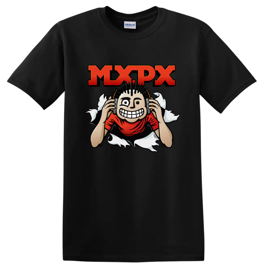 MxPx punk rock graphic with distressed lettering and grinning mohawk character on a Black T Shirt