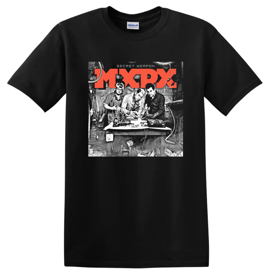 Distressed red MxPx punk rock band logo graphic on a Black T Shirt