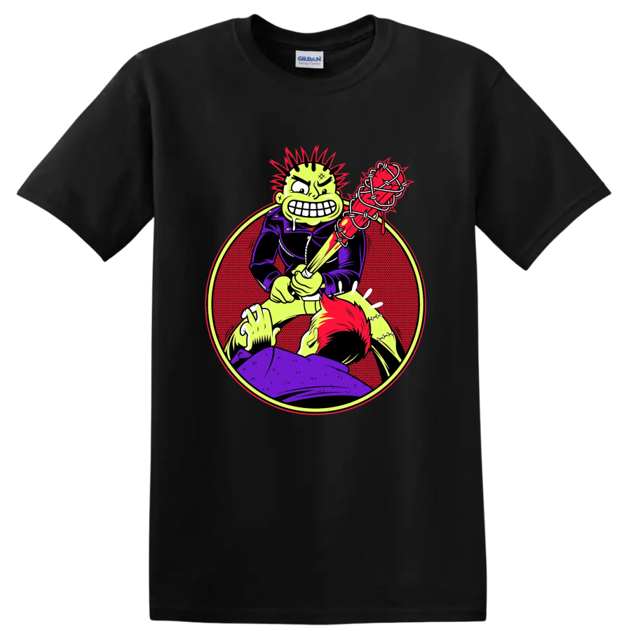 MxPx punk rock character with barbed wire bat graphic on a Black T Shirt