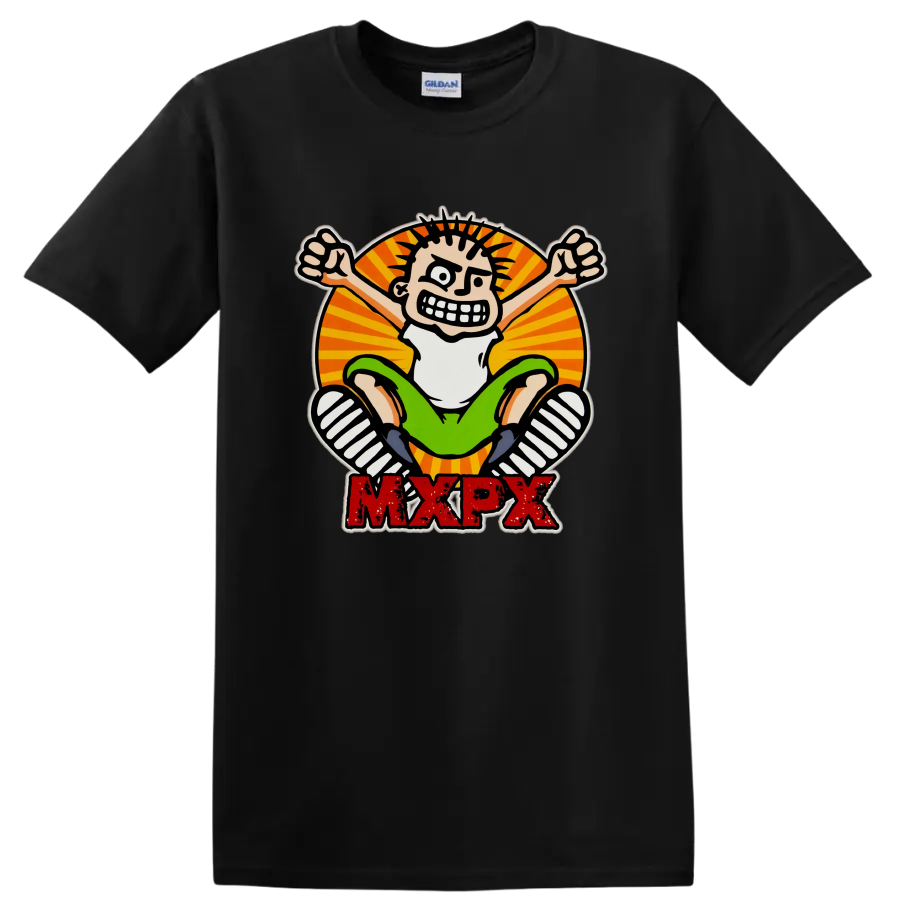 MxPx punk rock cartoon skateboard graphic with distressed red lettering on a Black T Shirt