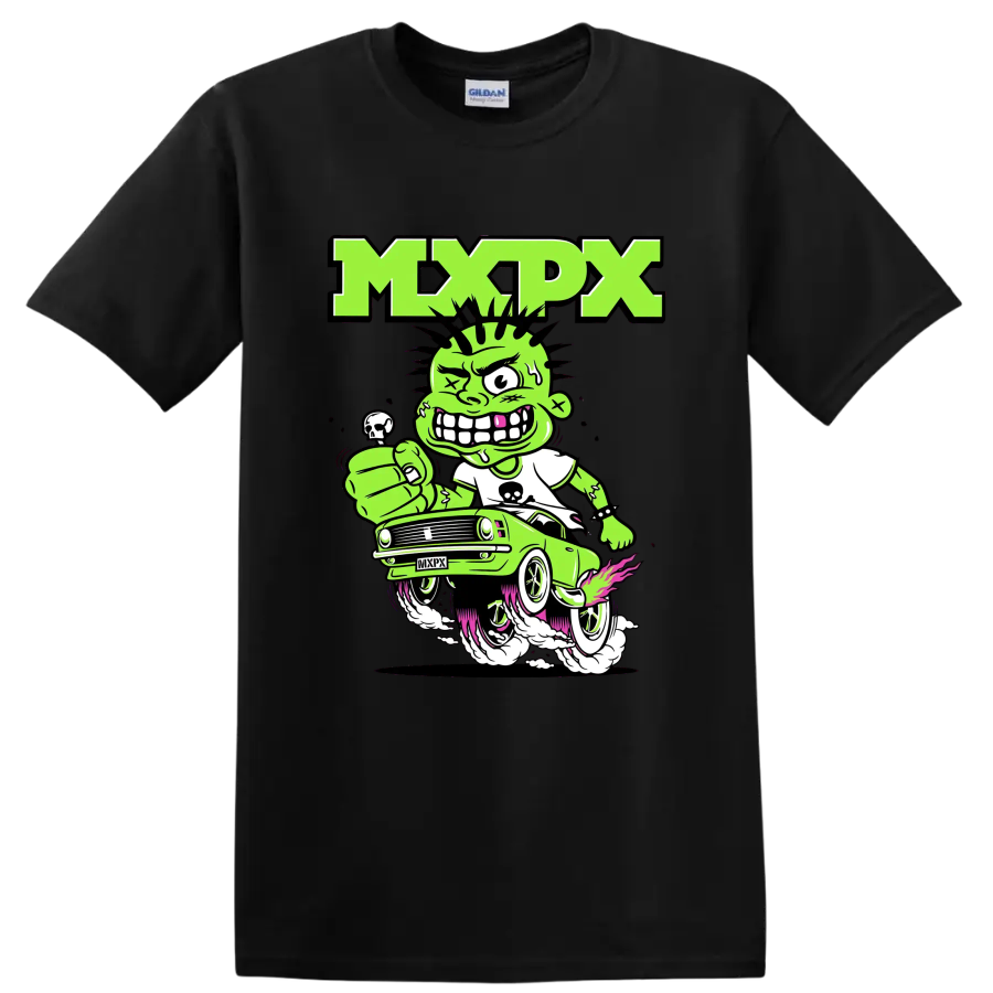 MxPx punk rock cartoon car graphic with green character on a Black T Shirt