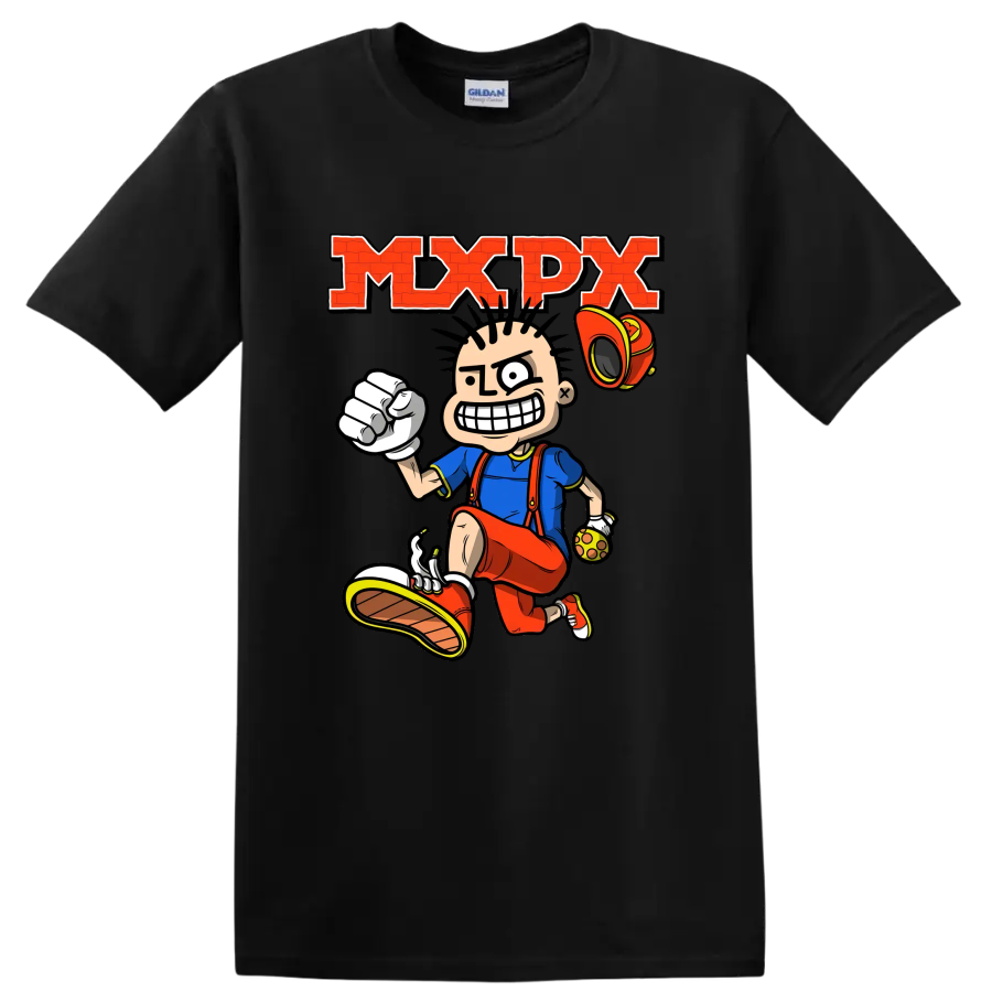 MxPx punk rock cartoon skateboarder graphic with bold red lettering on a Black T Shirt