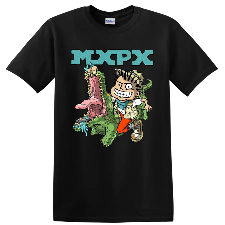 MxPx cartoon punk rock design with character riding a green crocodile on a Black T Shirt