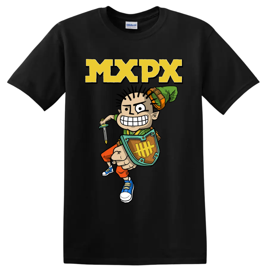 MxPx cartoon warrior punk rock graphic with bold MXPX lettering on a Black T Shirt