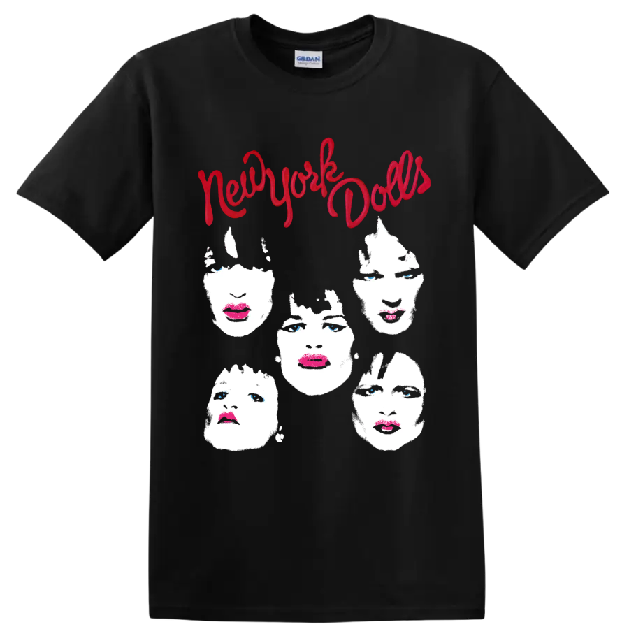 New York Dolls punk rock graphic with red script and five stylized faces on a Black T Shirt