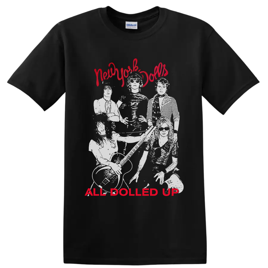 New York Dolls punk rock band portrait with All Dolled Up text on a Black T Shirt