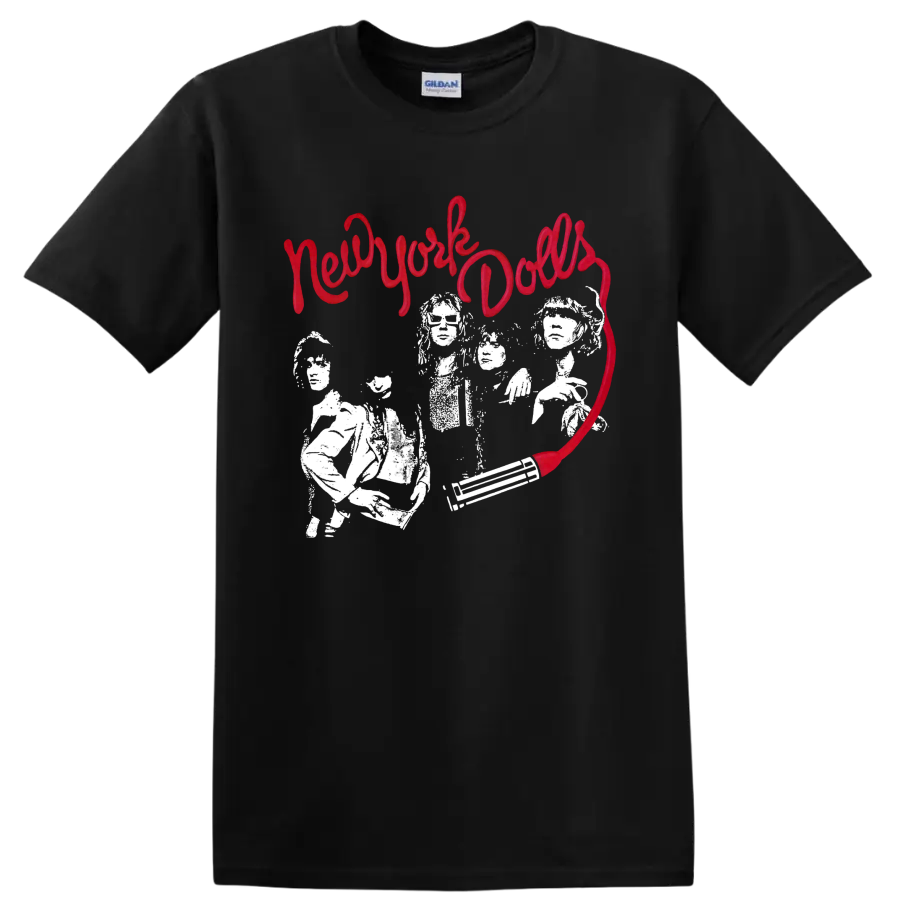 New York Dolls punk rock graphic with red script and white performers on a Black T Shirt