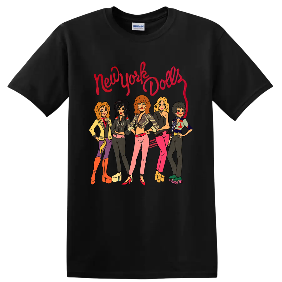 New York Dolls illustrated punk rock band graphic with red script lettering on a Black T Shirt