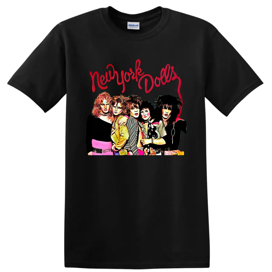 New York Dolls punk rock group portrait with red script lettering on a Black T Shirt