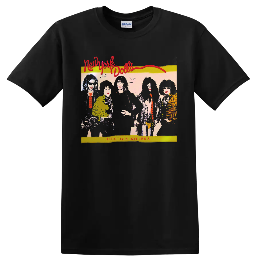 New York Dolls illustrated punk band graphic with Lipstick Killers text on a Black T Shirt