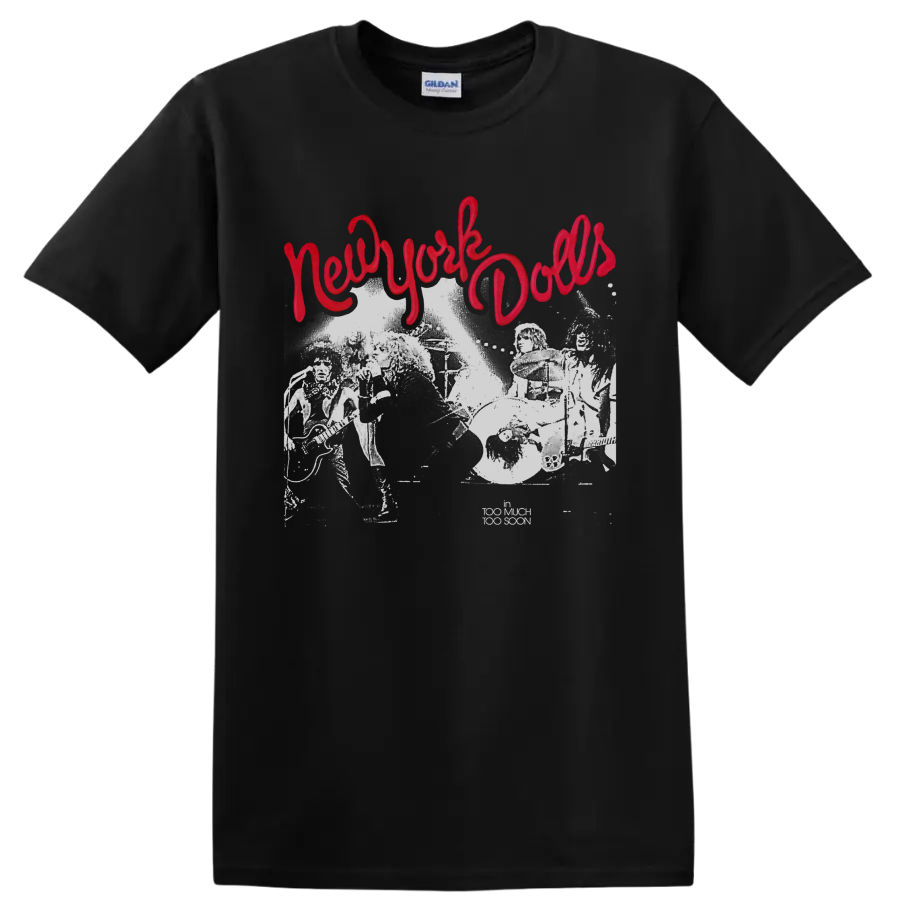 New York Dolls distressed punk rock graphic with red script lettering on a Black T Shirt