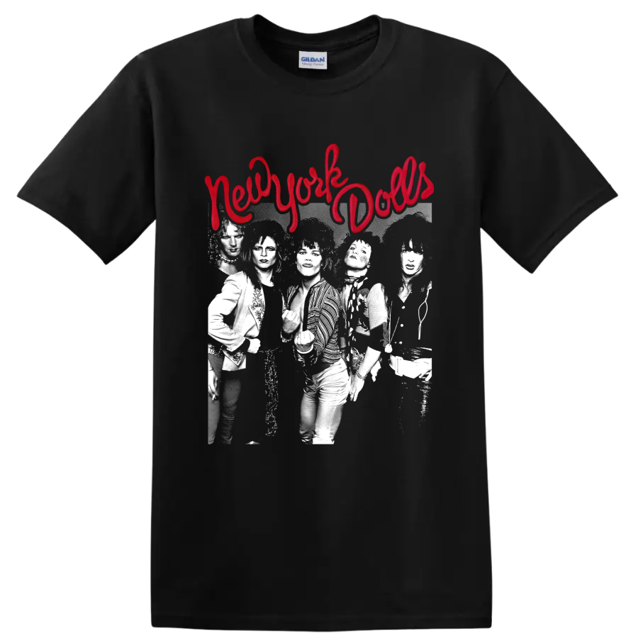 New York Dolls punk rock graphic with red script and band photo on a Black T Shirt