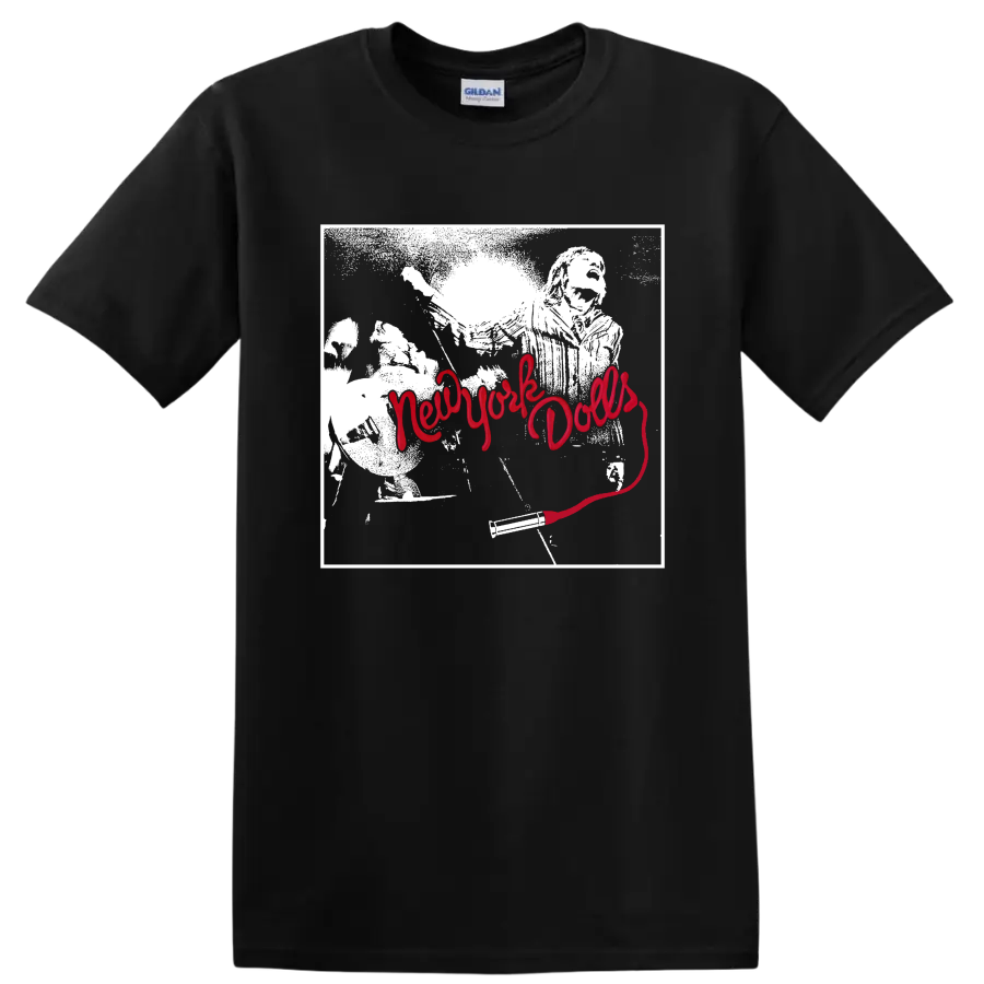 New York Dolls punk rock band portrait with bold red script graphic on a Black T Shirt
