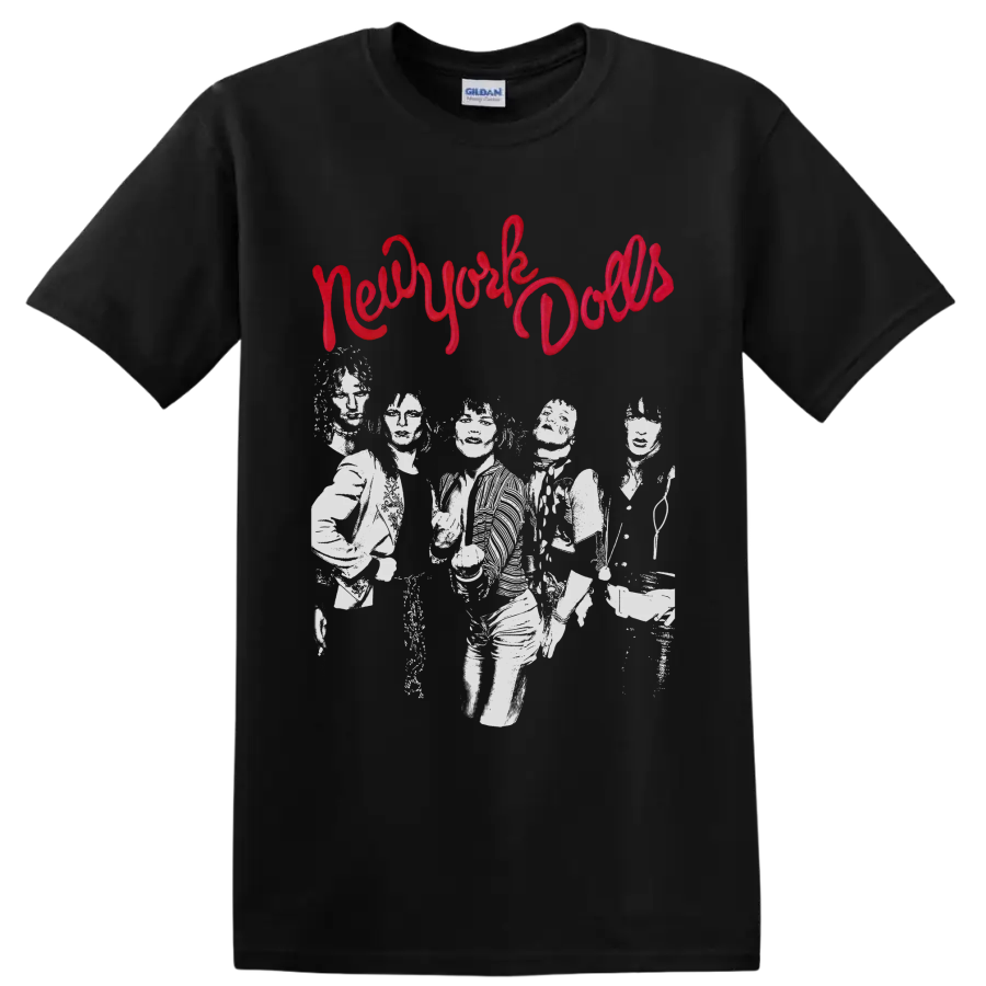 New York Dolls distressed punk rock band graphic with red script lettering on a Black T Shirt