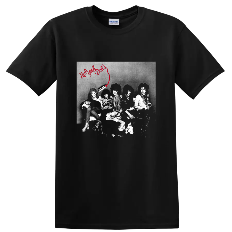 New York Dolls punk rock graphic with red script and band photo on a Black T Shirt