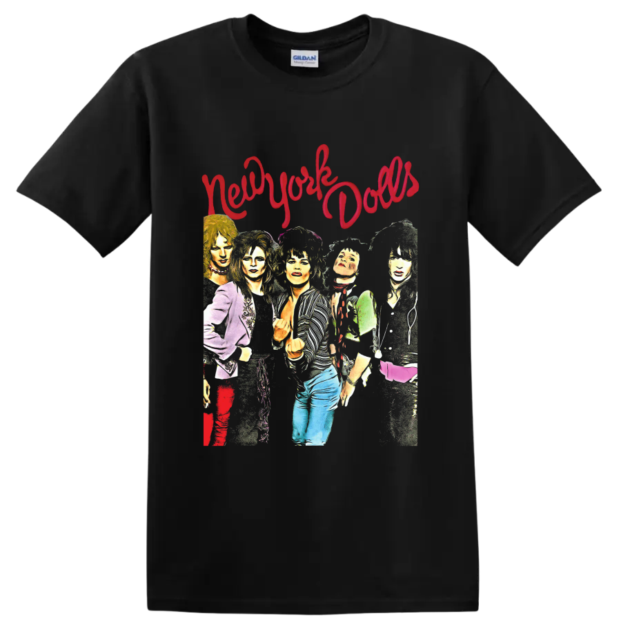 New York Dolls colorful punk rock band portrait with red script lettering on a Black T Shirt