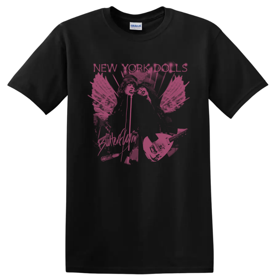New York Dolls distressed punk rock graphic with illustrated figures and guitars on a Black T Shirt