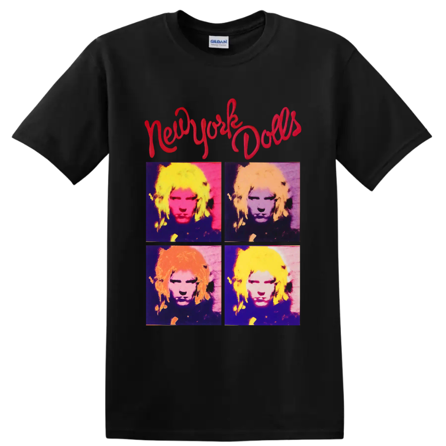 New York Dolls four-panel pop art portrait with red script lettering on a Black T Shirt