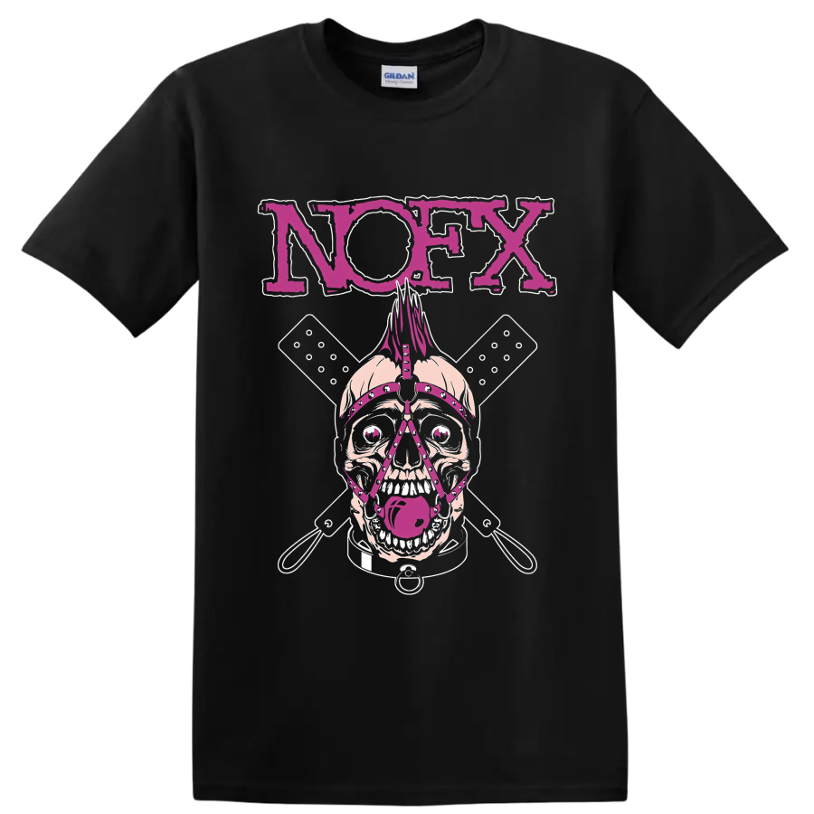 NOFX punk rock skull graphic with magenta lettering and crossed elements on a Black T Shirt